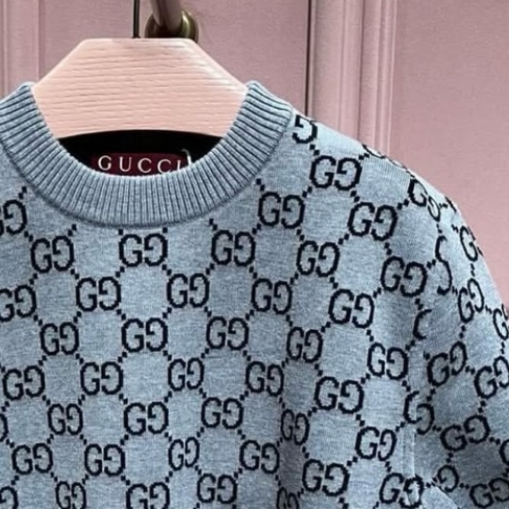 GUCCI Logo-Jacquard GG Blue Cashmere & Wool Blend Knit Crewneck Sweater Size L
